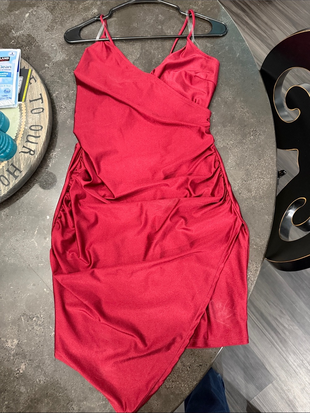 Burgundy Spaghetti-Strap Ruched Wrap Dress